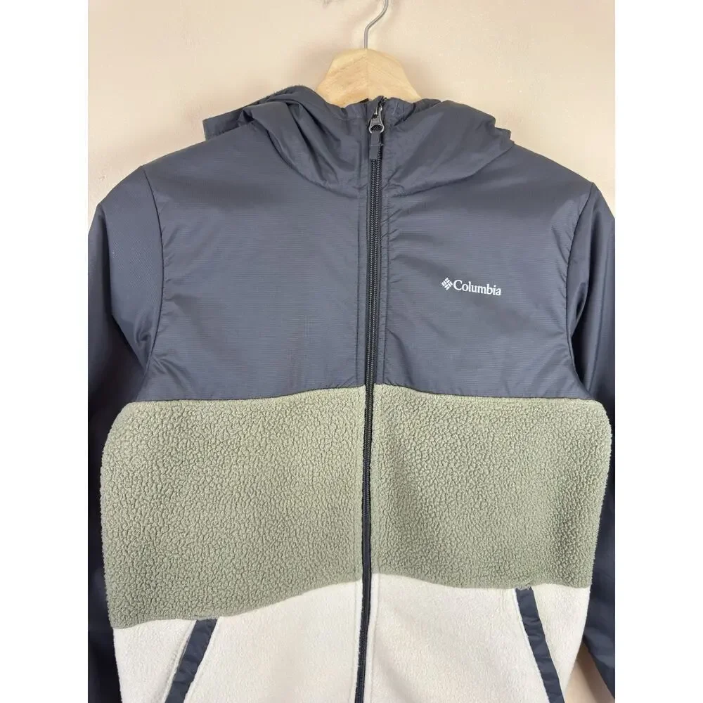 Columbia Boys Steens Mountain Hooded Fleece Jacket Large 14-16, Grey & Khaki
